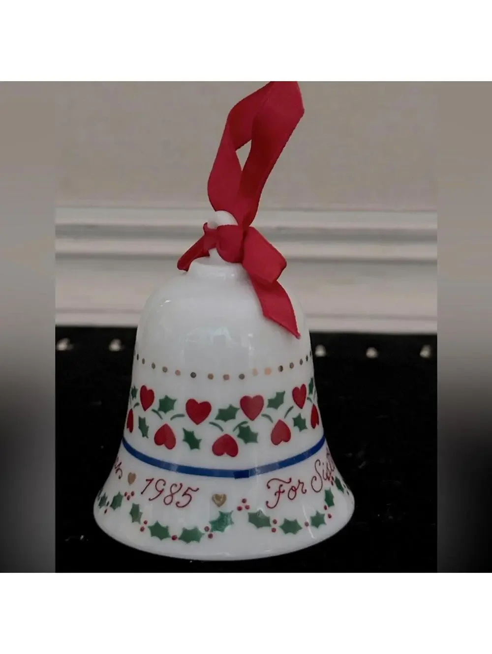 Vintage Hallmark 1985 Sisters Christmas bell w Hand painted hearts & red ribbon
